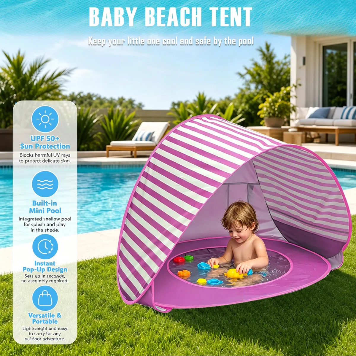 Refugio de playa para bebé con mini piscina, tienda de playa para bebé con protección UV, concha de playa portátil para niños, protección solar, tienda de playa para playa, jardín y viajes (rayas
