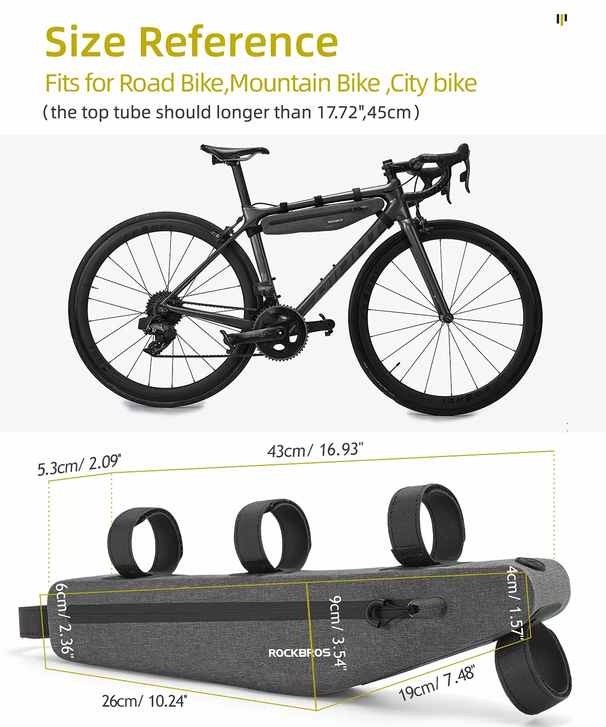 ROCKBROS Bolsa Cuadro de Bicicleta, Bolsa Larga Impermeable Capacidad Grande para MTB Bicicleta Carretera Ciclismo