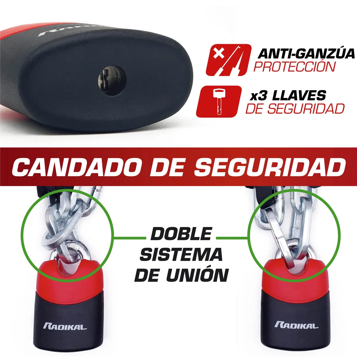‎RADIKAL RK4120 Candado Moto Cadena Antirrobo, Acero cementado alta seguridad ø10, Candado Bici Eléctrica, Cadena Seguridad Garaje Anclaje, Cadena Antirrobo Moto, Scooter Bicicleta, 120cm