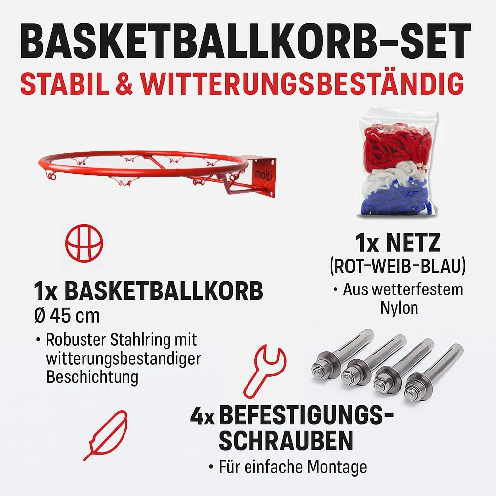 molti Canasta de baloncesto de 45 cm de diámetro, 37 cm de diámetro, anillo de baloncesto con red y tornillos de fijación para exteriores + 4 tornillos de fijación