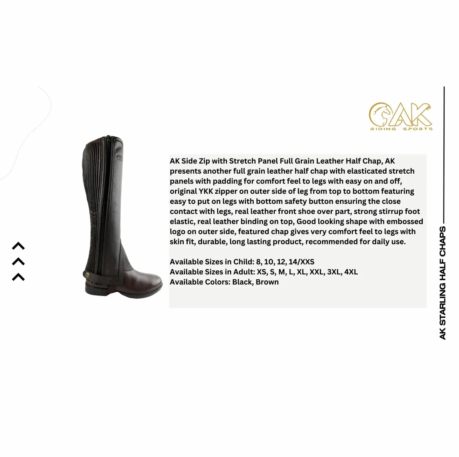 AK Mini Caballo de cuero completo flor con cremallera lateral y panel extensible Horse Riding Half Chaps AKRS-1022