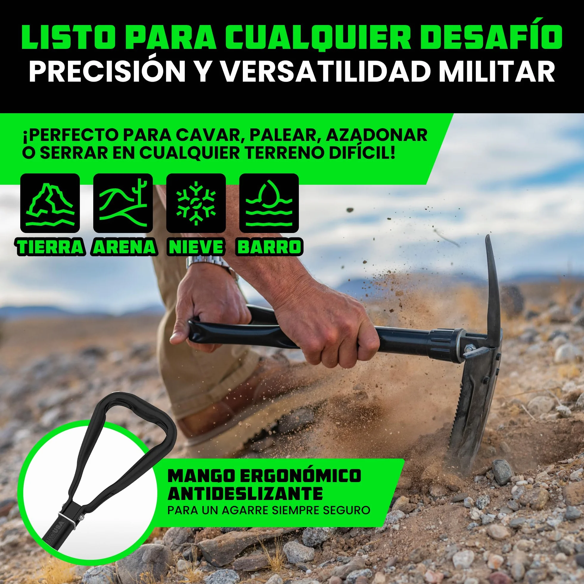 Rhino USA Pala Plegable con Pico - Pala eTool Plegable de Acero Robusta para Playa, Camping, Jardinería y más - Herramienta de Excavación Militar Táctica para Tierra, Arena, Barro y Nieve