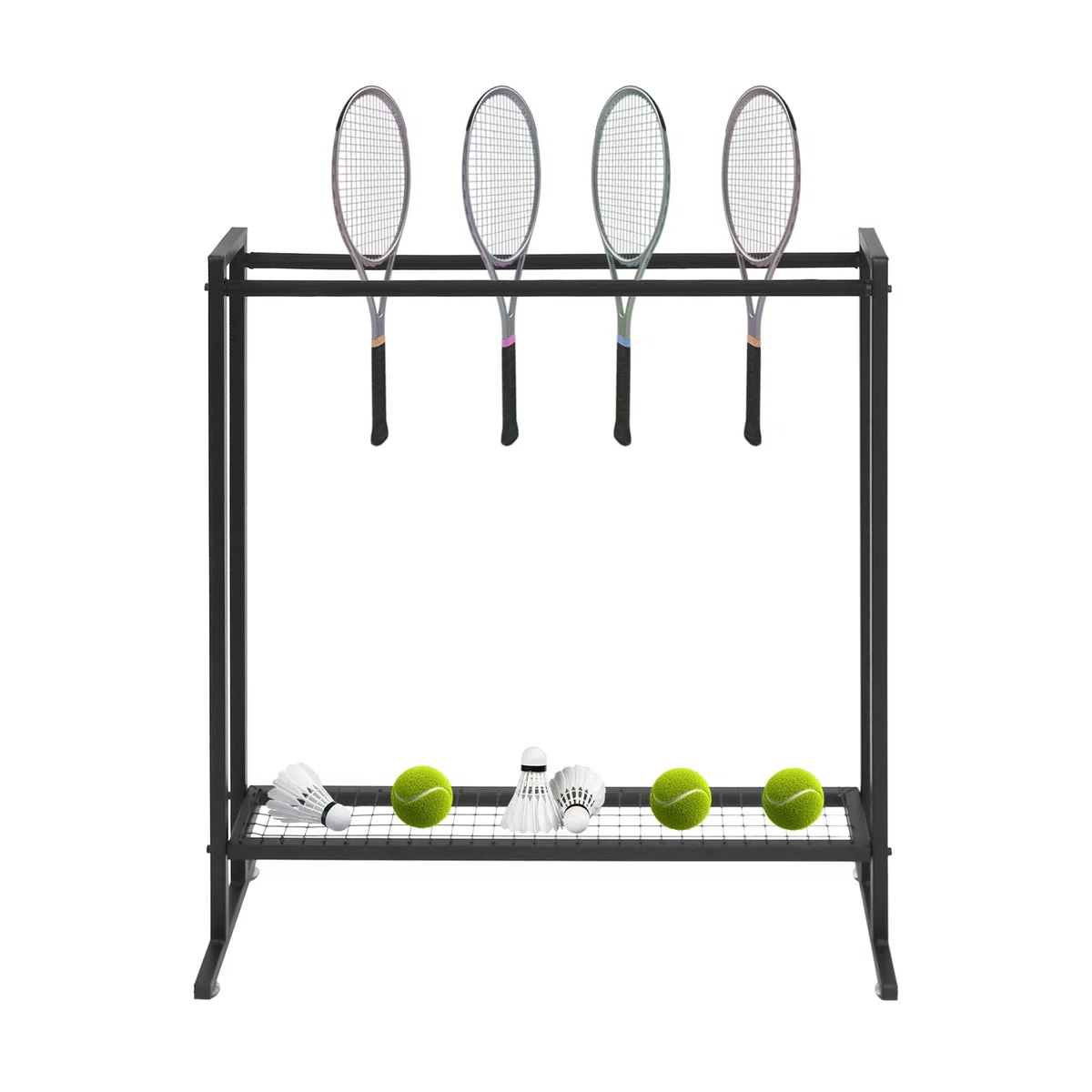 Soporte para raqueta de bádminton de tenis, carrito de acero al carbono, color negro, estante de almacenamiento para campo deportivo, gimnasio, garaje