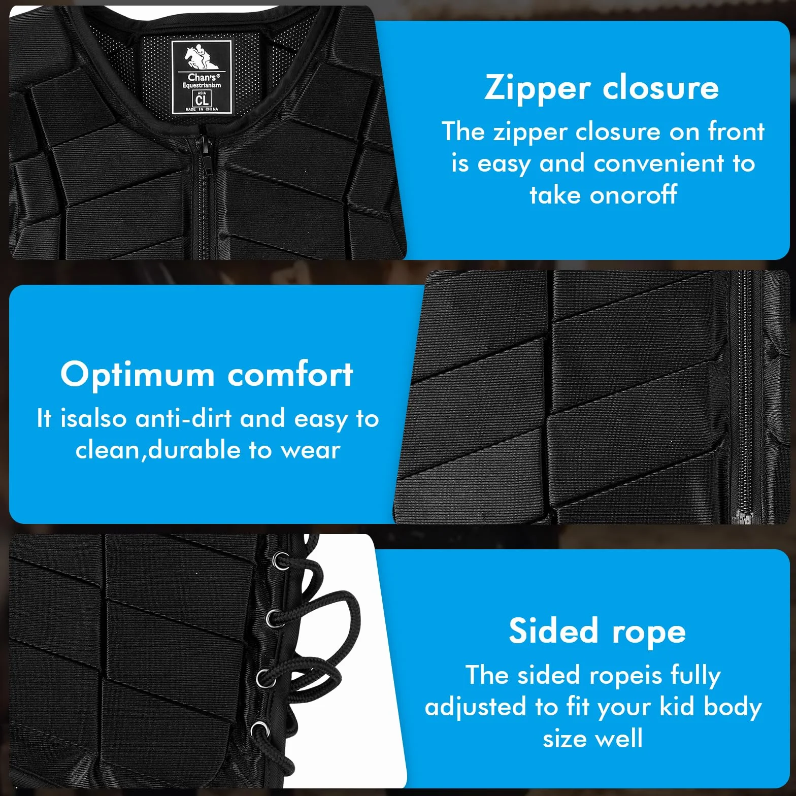 Protector Corporal para Montar A Caballo,Chaleco De Seguridad para Entrenamiento De Equitación Protector Negro Acrílico,Chaleco De Equitación Cómodo para Niños, Niñas Y Niños(CL)