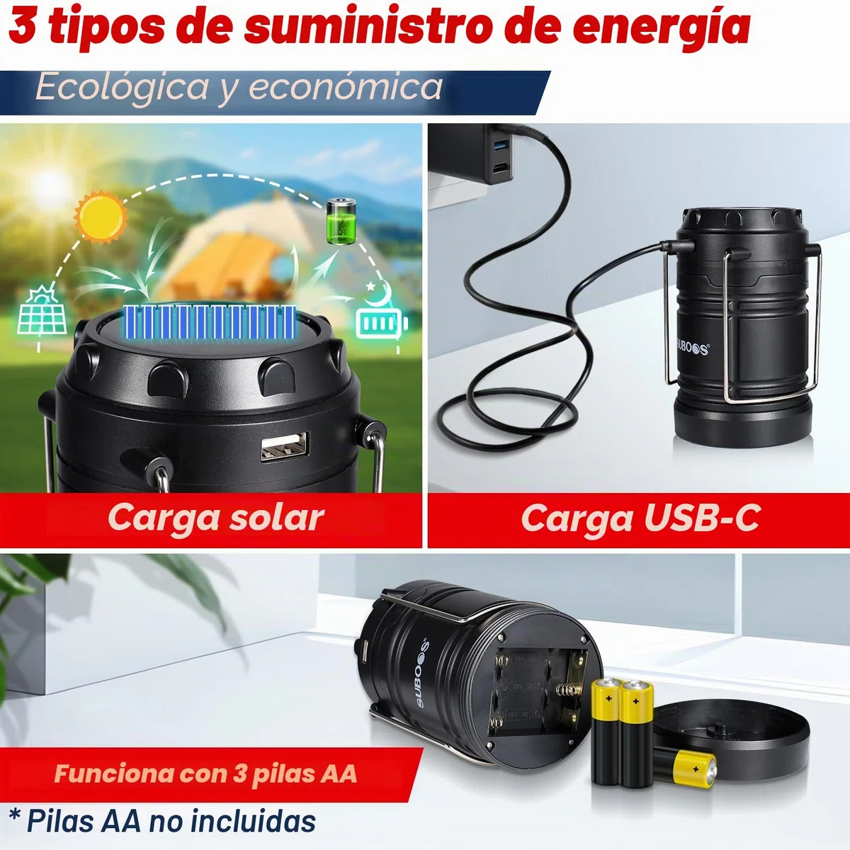 Faroles de camping recargables, lámpara solar y pilas, base magnética, gancho para tienda, accesorios de campamento portátiles para emergencias