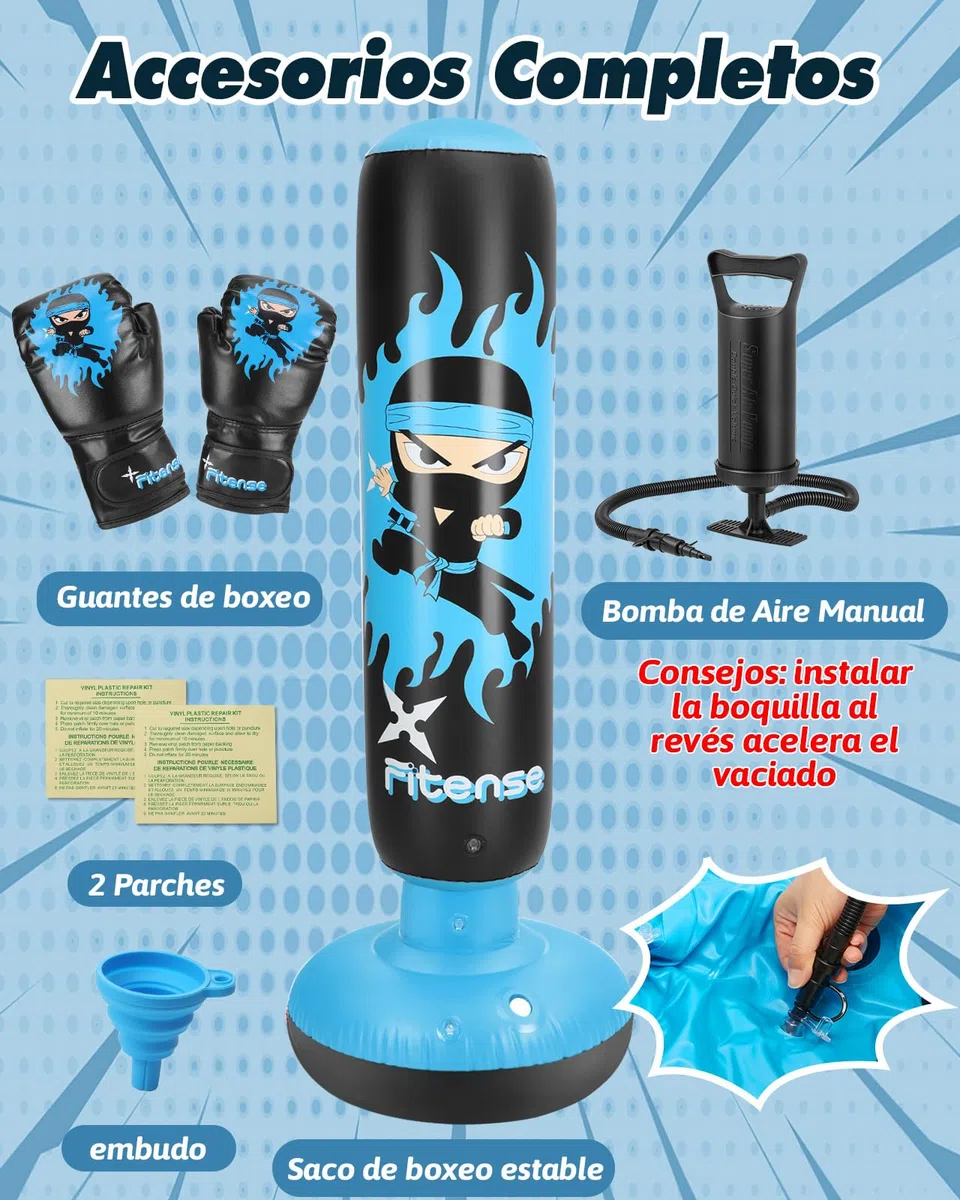 Fitense Saco de Boxeo Niños, 160cm Boxeo Saco Inflable con Guantes y Bomba, Punching Ball Estable para 3-12 Años, Set Regalo Saco de Boxeo de Pie para Práctica de Karate, Taekwondo, MMA,Ninja Azul