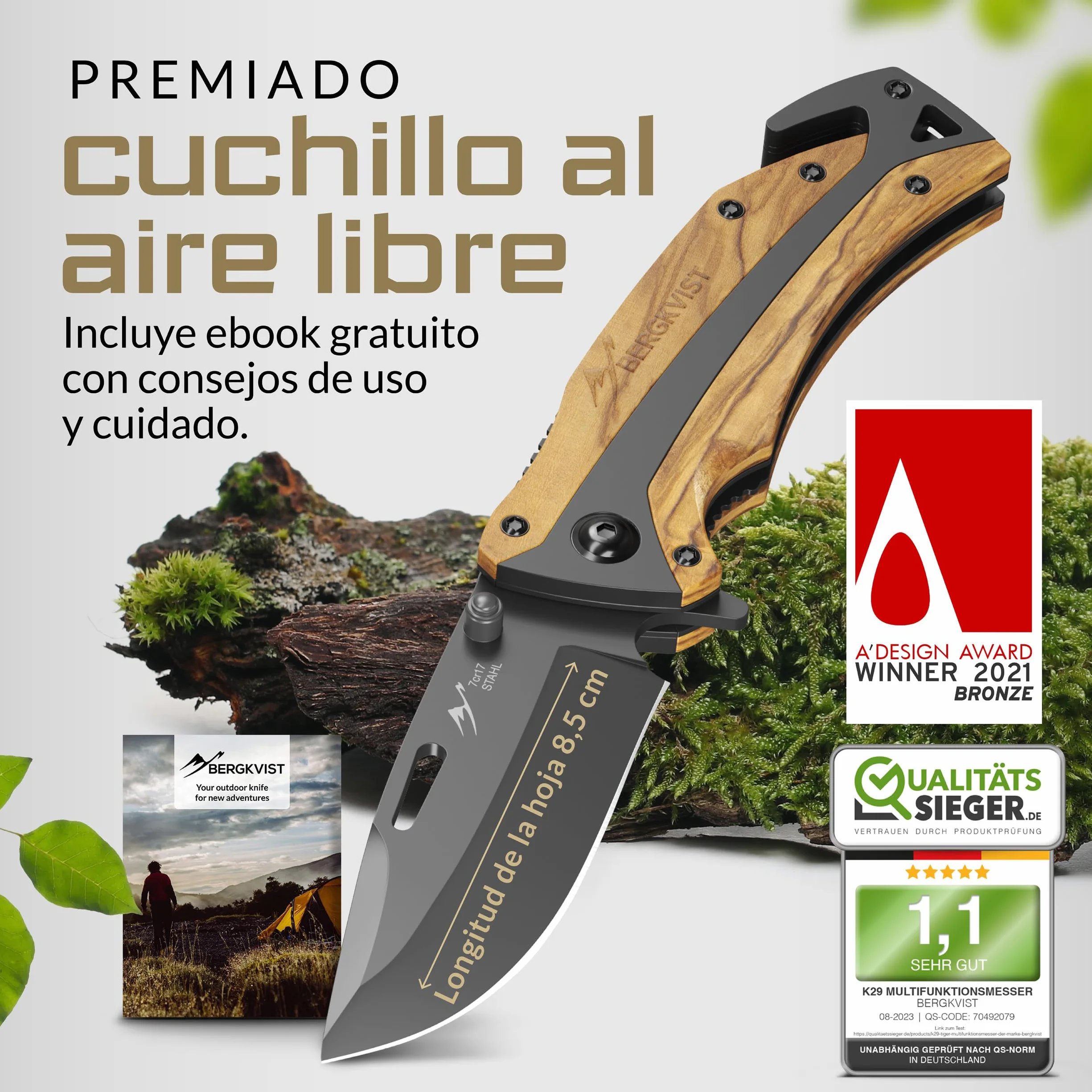 BERGKVIST® K29 Cuchillo plegable Titanium [navaja de bolsillo 3 en 1] | Navaja con rompecristales y cortacinturones, Bronze A' Design Award, mango de madera de olivo