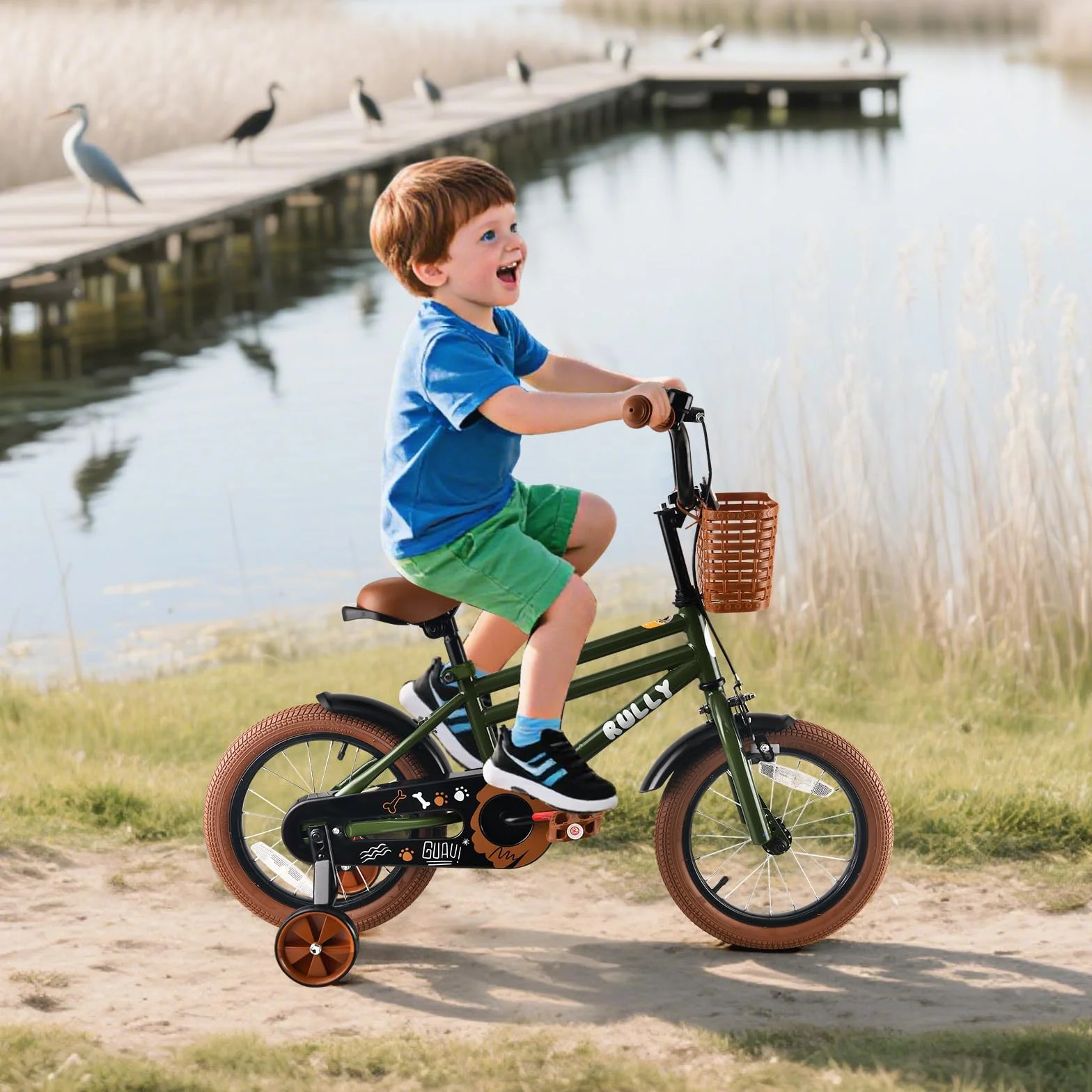 RULLY Bicicleta infantil de 16 pulgadas en color verde – Bicicleta infantil de 4 a 7 años con ruedas estabilizadoras, freno de contrapedal y freno de mano, cesta, cuadro resistente, bicicleta de