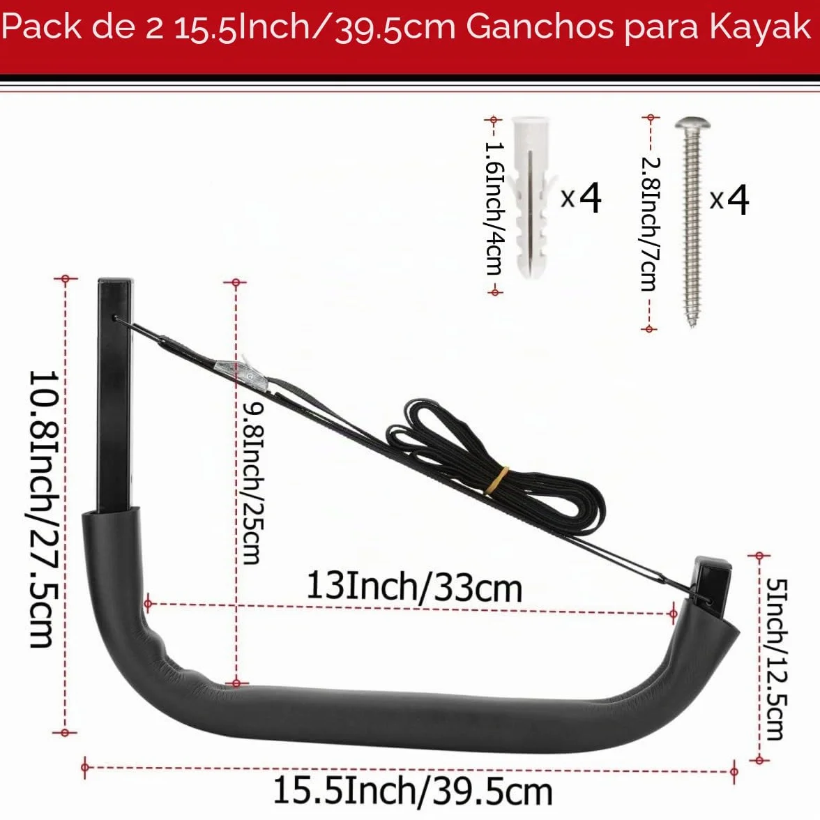 Ganchos de almacenamiento para kayak 38 cm estante de pared colgador de tabla de surf resistente carga máxima 68 kg