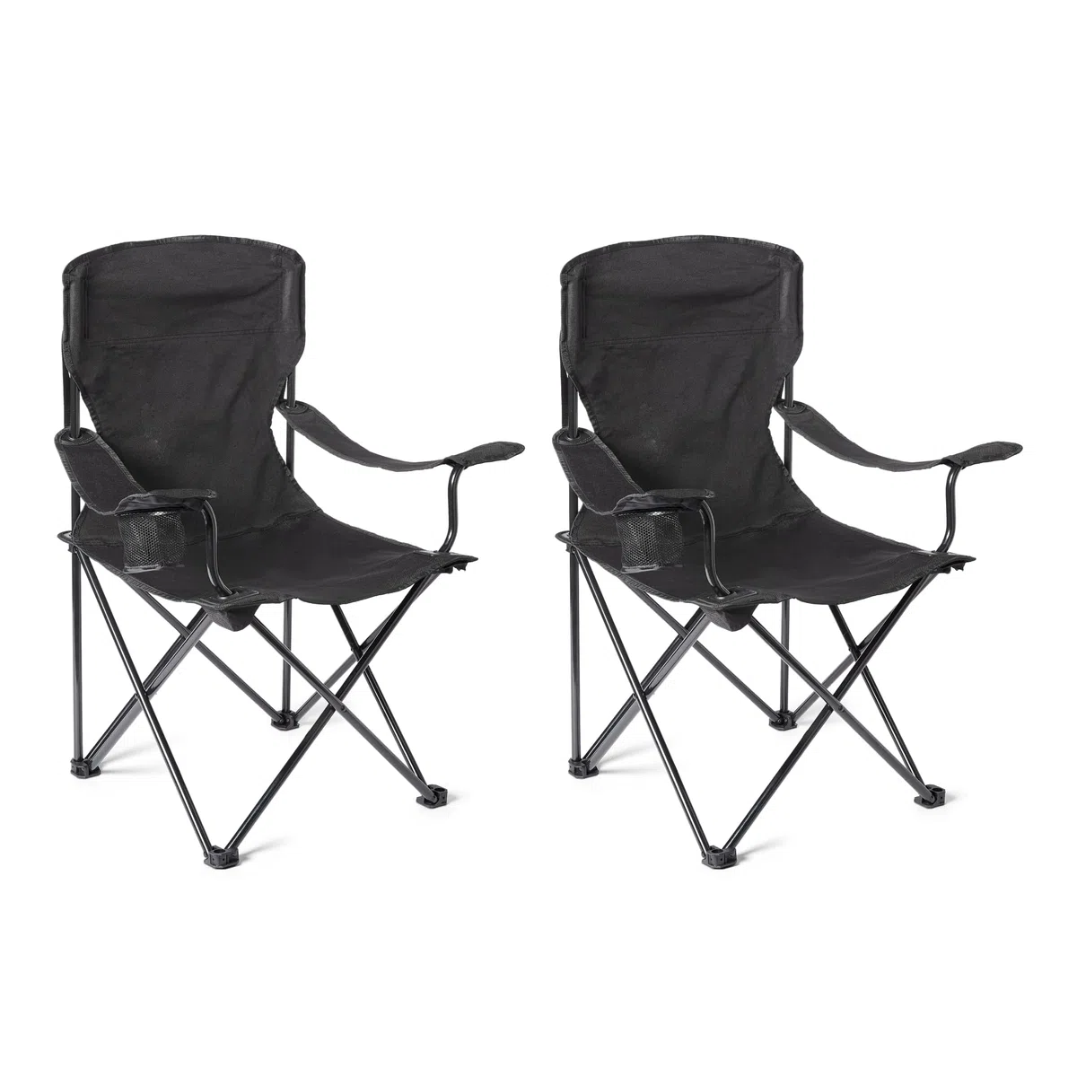 Amazon Basics Silla de Camping Plegable Portátil con Portavasos - Silla de Exterior con Marco de Acero, Resistente al Agua, con Bolsa de Transporte - 72,5cm x 52,5cm x 93,2cm - Negro - Pack de 2