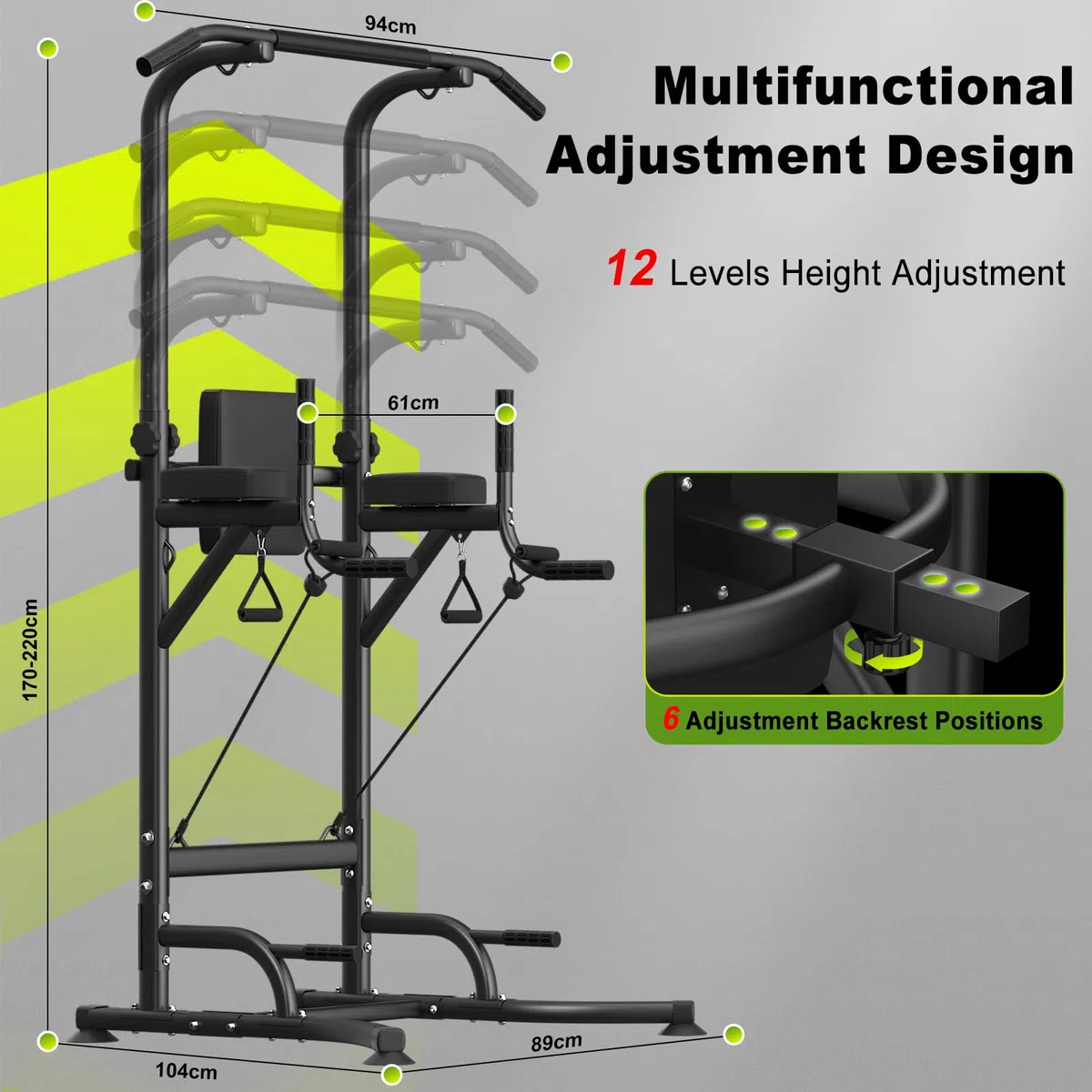 Power Tower Dip Station Barra de dominadas independiente Altura regulable de 170 – 220 cm Multifuncional Estación de fuerza Torre de Entrenamiento para Casa Pull Up Bar