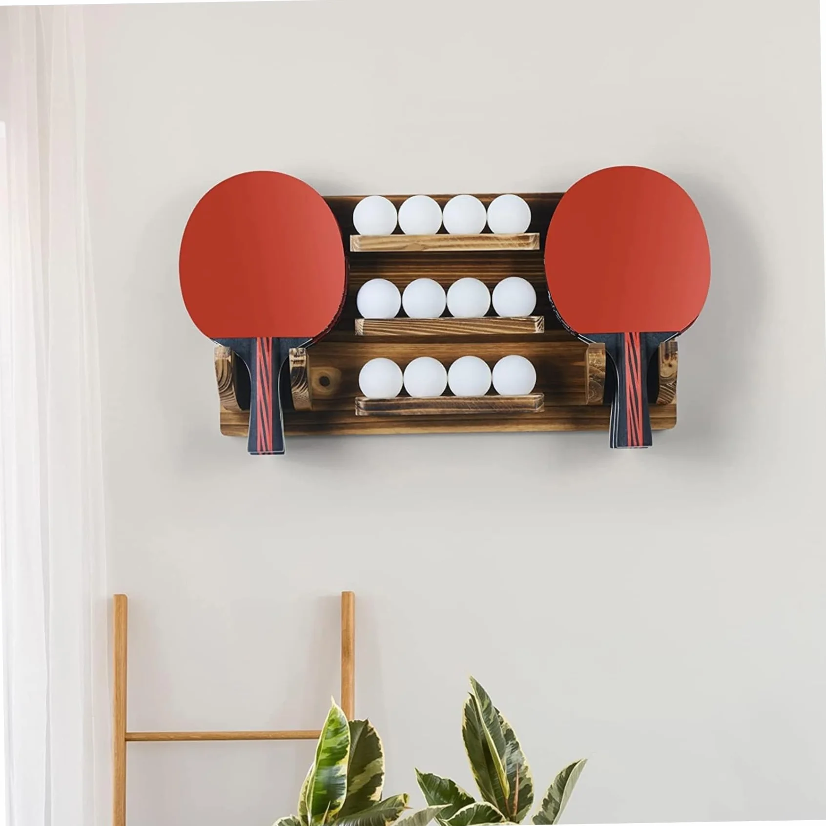 Soporte para paletas de ping-pong, estante de tenis de mesa montado en la pared, capacidad para 6 paletas y 12 pelotas, madera