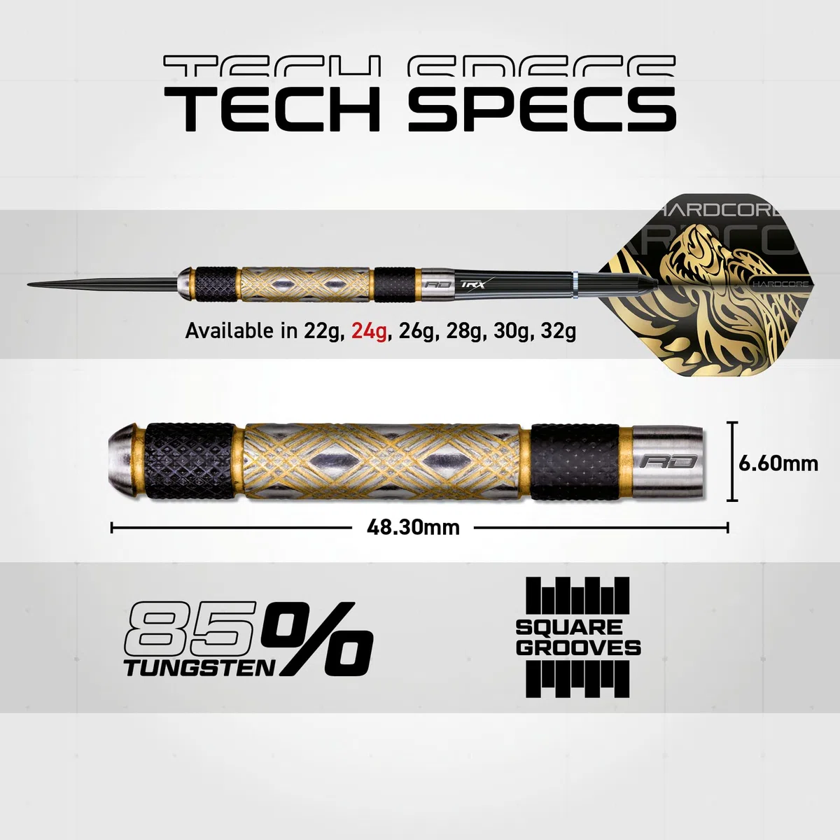 RED DRAGON - Golden Eyes - Set de freccette professionali de 22g, 24g, 26g, 28g, 30g, 32g en tungsteno 85% con alette e steli