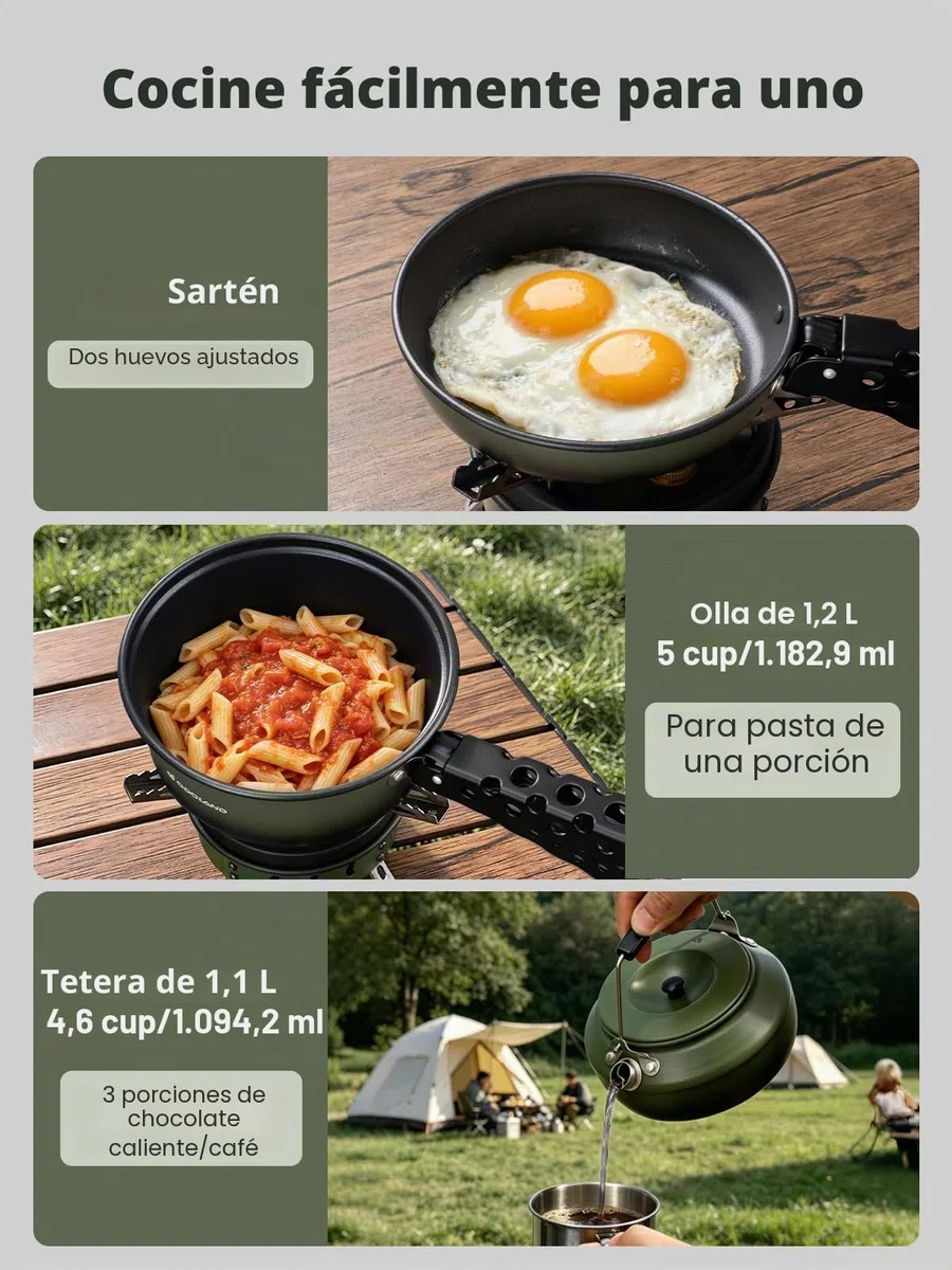 Odoland Juego de 5 Utensilios de Cocina para Camping, antiadherentes, Ligeros, con un Mango extraíble, mochileros, Camping, Senderismo y Picnic, Color Verde