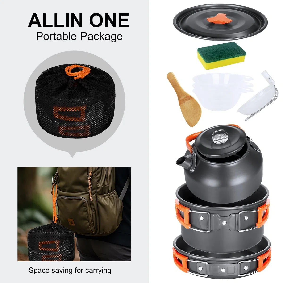 USHOP 15 Pcs Kit de Utensilios Cocina Camping,Vajilla de Camping de Aluminio,Cocina Portátil Juego de Utensilios de Cocina para Pícnic Al Aire Libre Senderismo Acampada Viajes Montañismo, 2-3 Personen