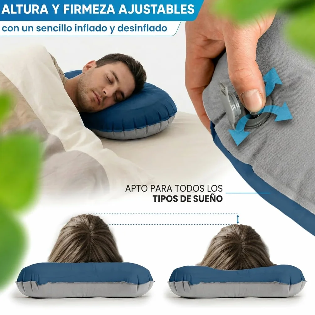 NORDMUT® Almohada de Camping Inflable [SoftSleep+] Almohada cómoda Ultraligera-pequeño tamaño – Inflable con Funda Lavable (Azul)