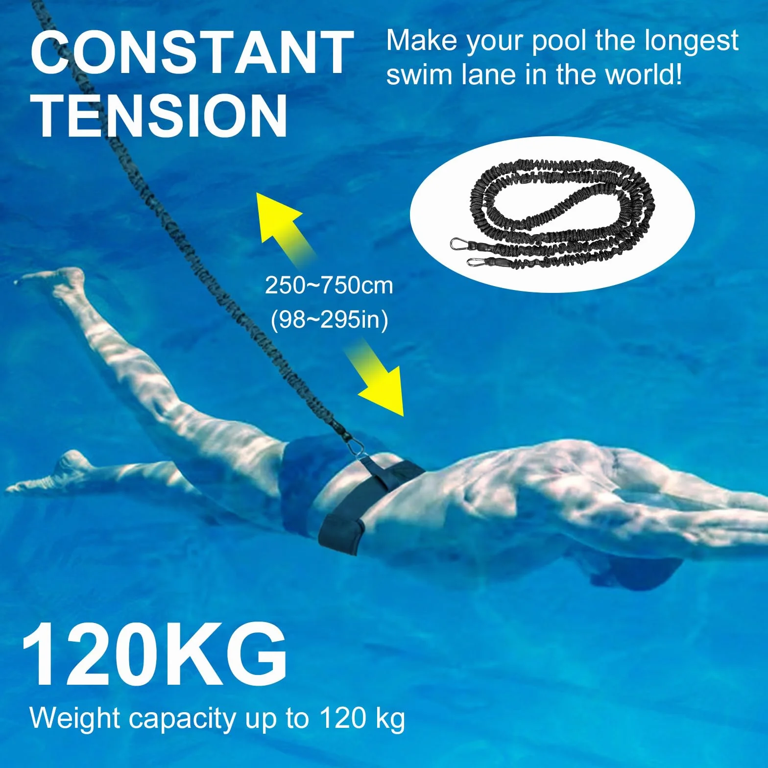 Cinturón de natación profesional con resistencia ajustable, cuerda de 2,5-7,5 m, para adultos y niños (Azul)
