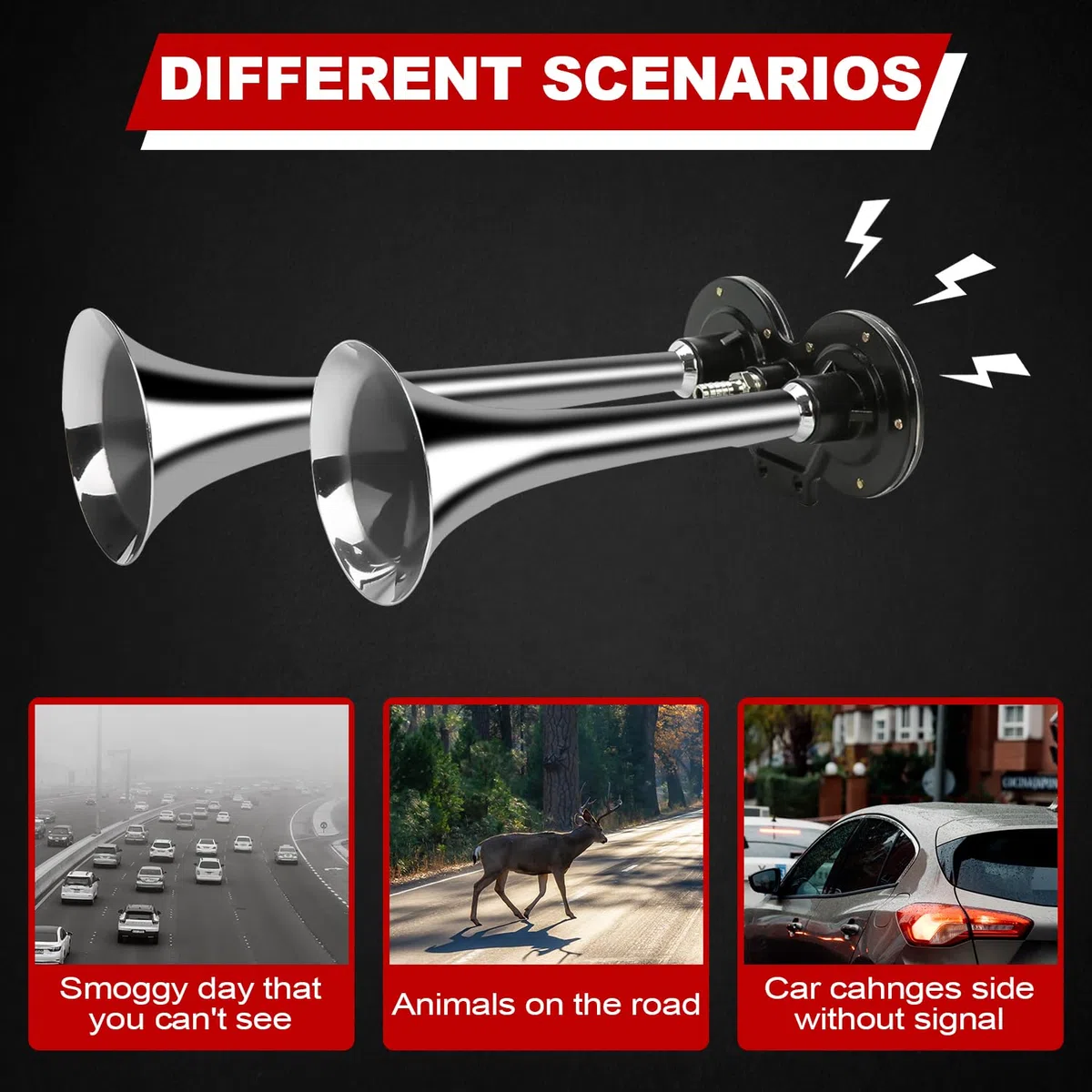 FreeTec Bocina de aire 12V/150dB 290mm Súper Loud Dual Trompeta Air Horn Compressor Kit para coche para moto barco camión tren