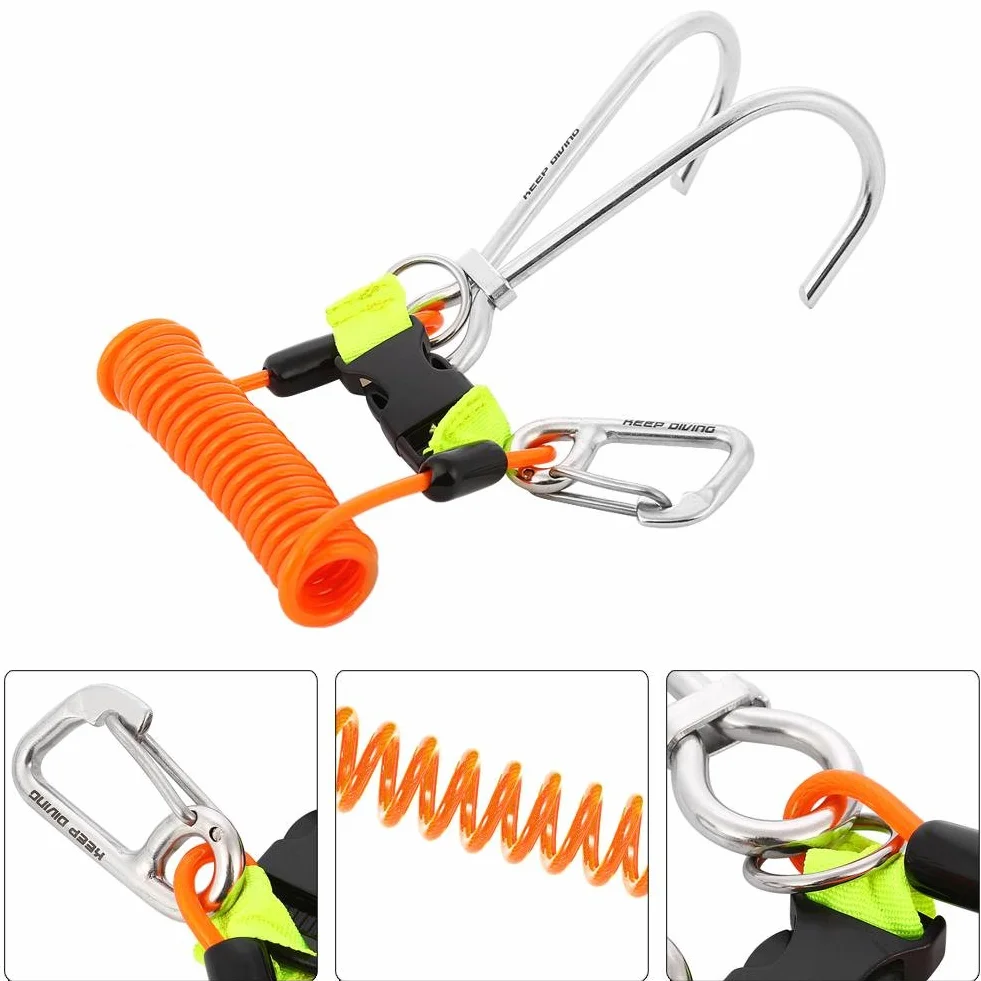 VGEBY Gancho Arrecife de Submarinismo Gancho Doble Arrecife de Acero Inoxidable con Cordón de Bobina Espiral(Naranja)