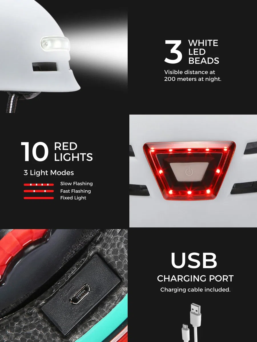 Casco de Ciclismo con Luz Advertencia Roja + Luz Frontal Blanca. Casco de MTB, Bicicleta, Patinete; Ligero con Forro Desmontable, Carcasa de PC + EPS, 14 Respiraderos y Cable USB Carga.