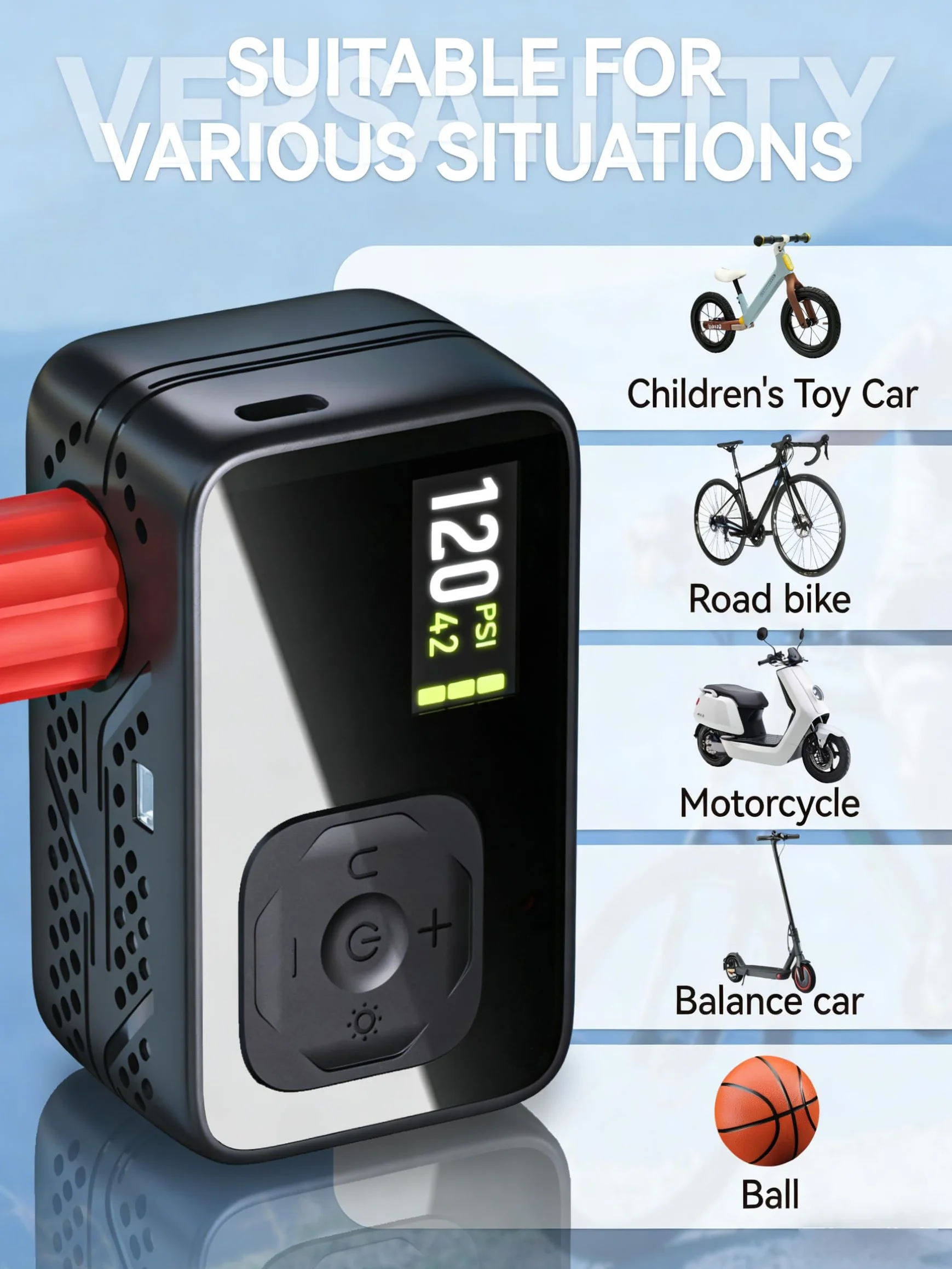 Bomba De Bicicleta Eléctrica, Bomba De Aire Portátil De Alta Presión De 120 PSI para Bicicletas Pequeñas con Medidor Digital para Válvulas Presta Y Schrader De Bicicletas De Carretera