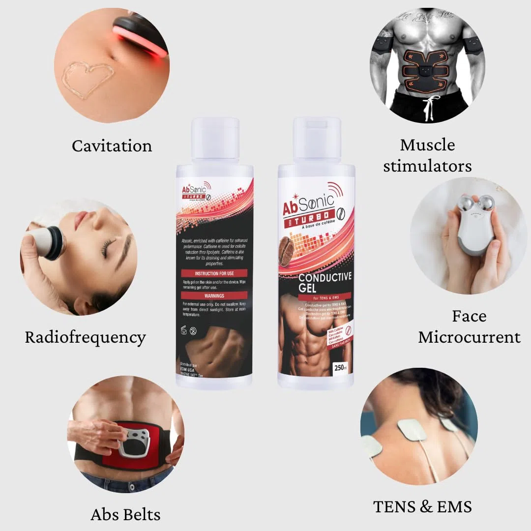 AbSonic Turbo con cafeína - Gel Conductor para cinturón Abdominal, electrodos, TENS, EMS y electroestimulación, 2 Unidades de 250 ml
