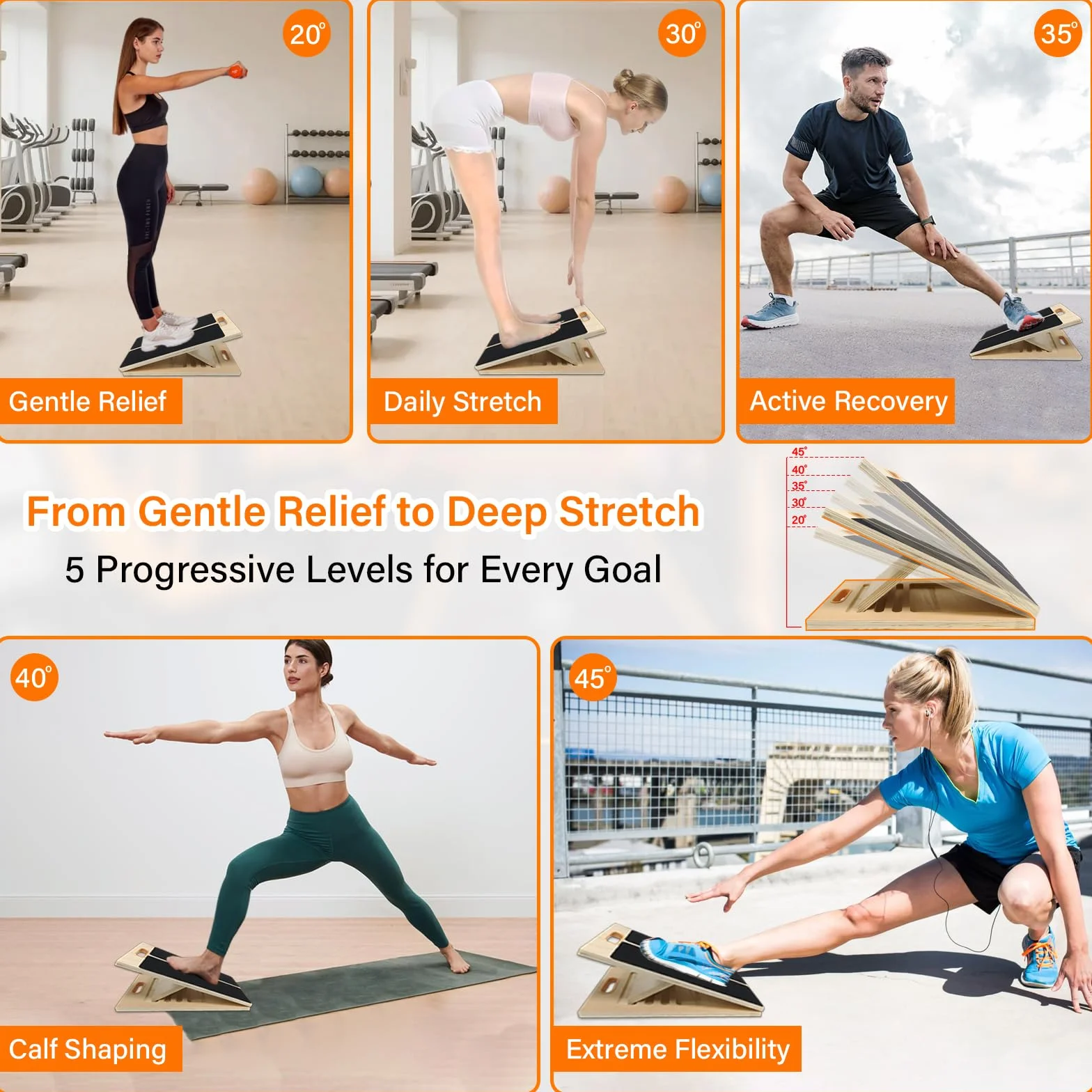 Tabla Inclinada Ajustable de Madera para Estirar Pantorrillas y Ejercicios Fitness