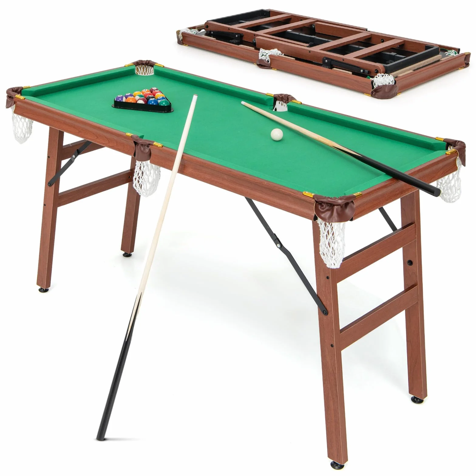 COSTWAY Mesa de Billar Plegable Portátil con 16 Bolas,138 x 67 x 79,5 cm, Niveladores de Pies Ajustables, Esquinas Protegidas de Cuero, 2 Tacos, 2 Tizas, Triángulo, Cepillo，Mini Mesa de Billar