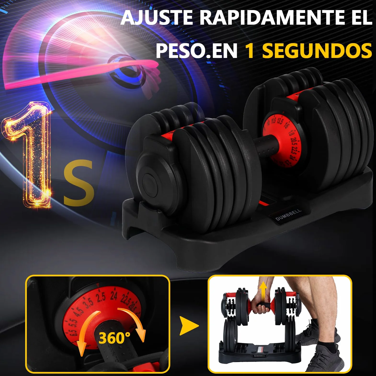 48kg Mancuerna Ajustable,Pesas y Mancuernas,Mancuerna Cortas Ajustables,15 Niveles de Peso,Ajuste Rápido Ajuste Con Una Sola Pulsación,Juego de Mancuernas con Discos de Pesas (Dos 48kg)
