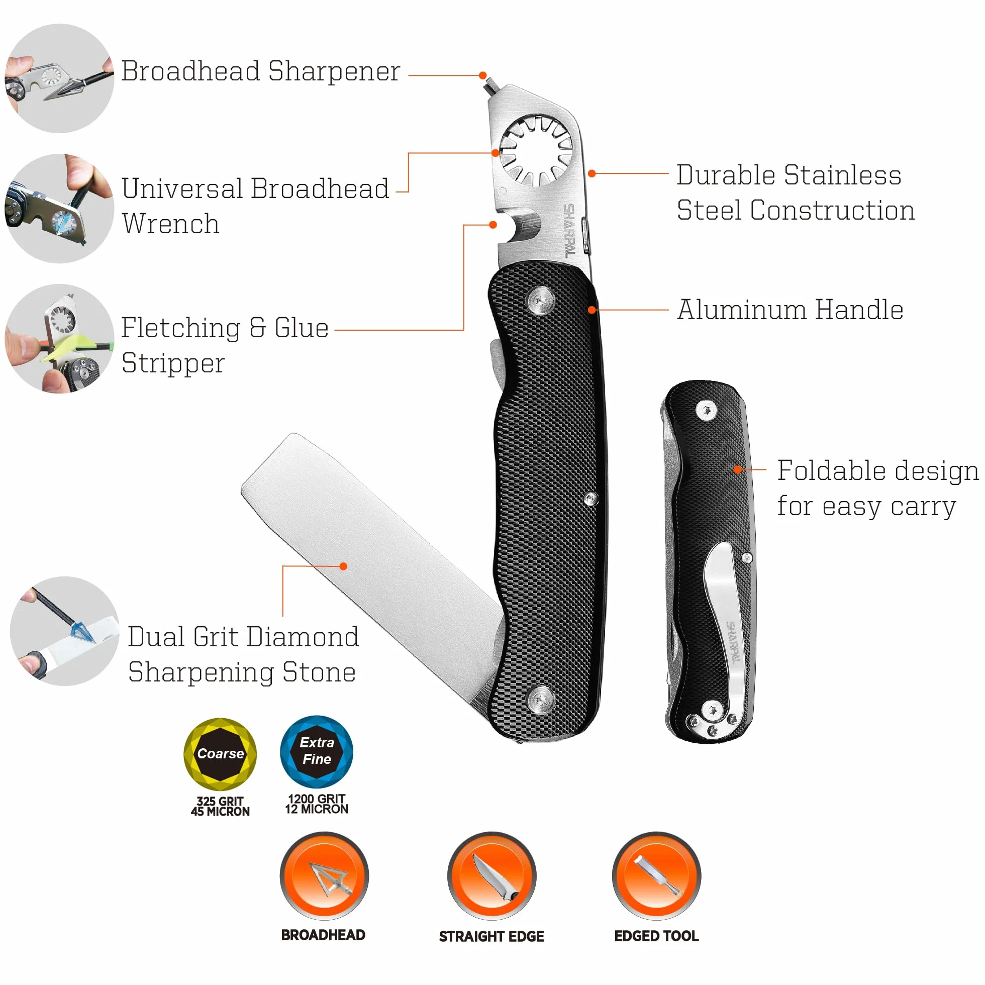 SHARPAL 179N 5 en 1 - Afilador de flechas con llave y pluma de diamante con doble grano y mango de aluminio anodizado con clip de bolsillo
