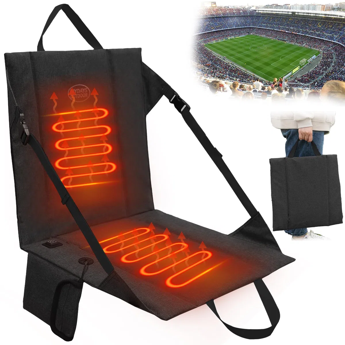 Cojín térmico para asiento de estadio, inalámbrico, recargable, batería USB de 149 F, almohadilla térmica portátil para acampar al aire libre, pesca, 3 ajustes de calor (banco de energía no incluido)