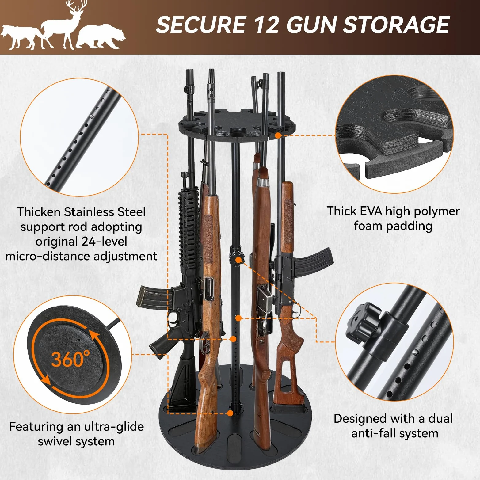 Estante giratorio de 360 grados de alta calidad, altura ajustable de 24 niveles para 12 rifles, almacenamiento seguro con madera maciza renovable y acolchado EVA, ideal para organizador
