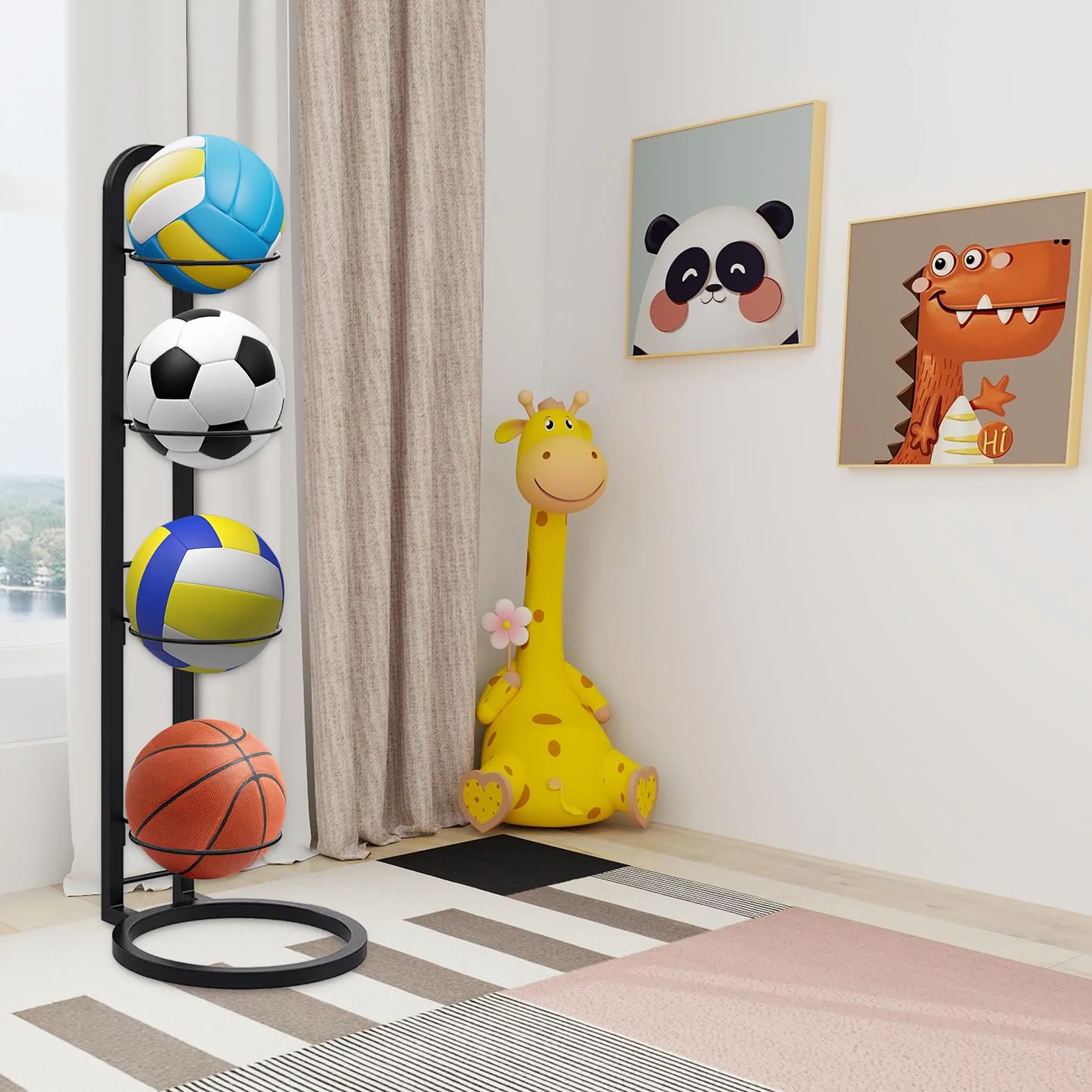 Soporte de Exhibición Vertical para Pelotas, Estante de Almacenamiento Extraíble para Baloncesto, Fútbol y Voleibol