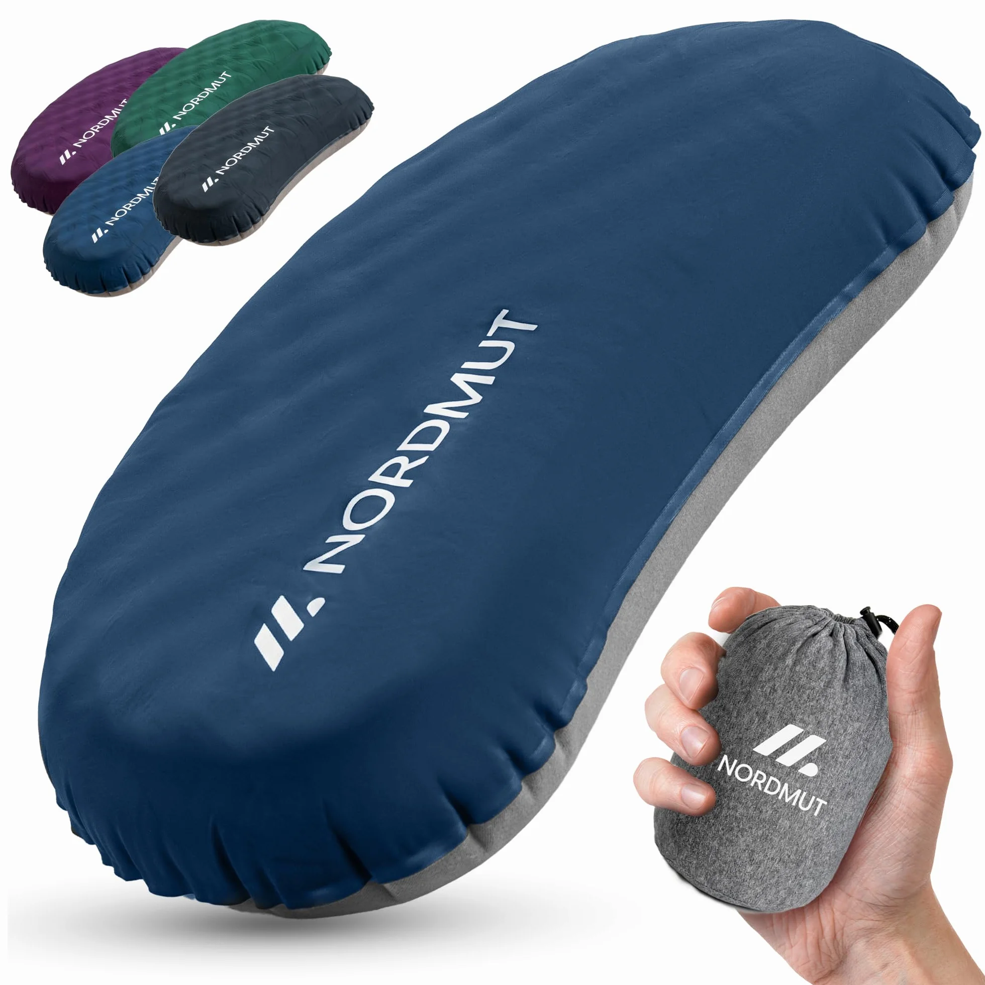 NORDMUT® Almohada de Camping Inflable [SoftSleep+] Almohada cómoda Ultraligera-pequeño tamaño – Inflable con Funda Lavable (Azul)