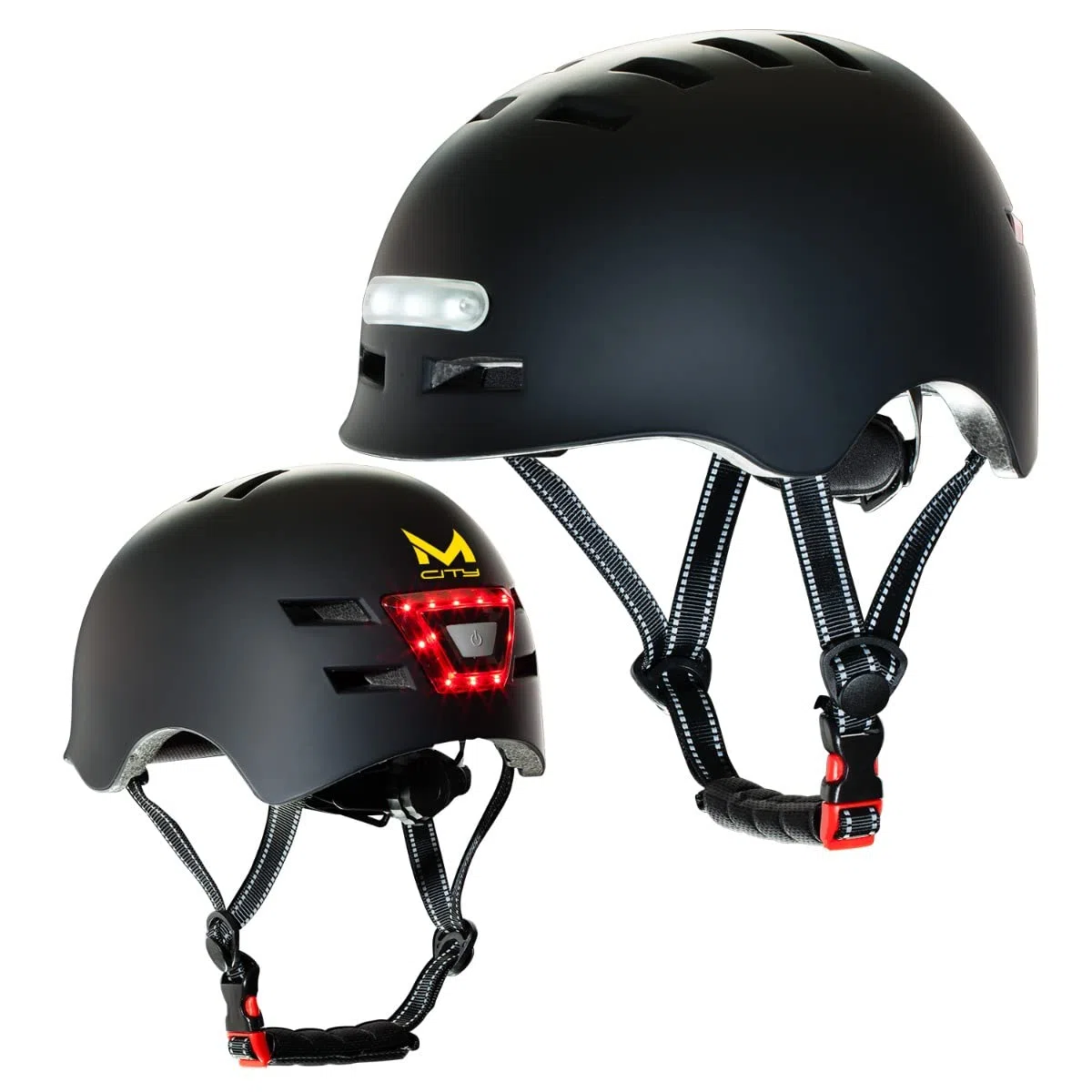 MOLTO - Casco con luz Frontal y Trasera LED para Adultos | Ideal para patinetes eléctricos, Bicicletas, Scooter o monopatín| Resistente y Duradero | Funciona con baterías Recargables