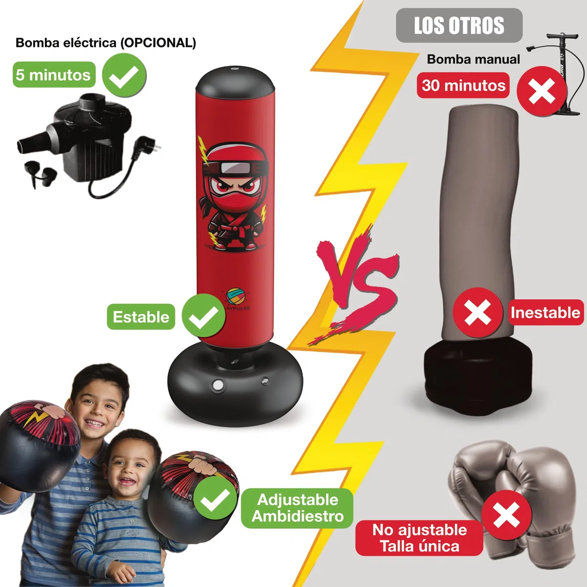 Saco de Boxeo Infantil 160CM - Punching Ball para Niños + Bomba Eléctrica + Guantes de Boxeo Inflables - 3 a 10 Años - Juguete para Exterior e Interior - Saco de Boxeo de Pie