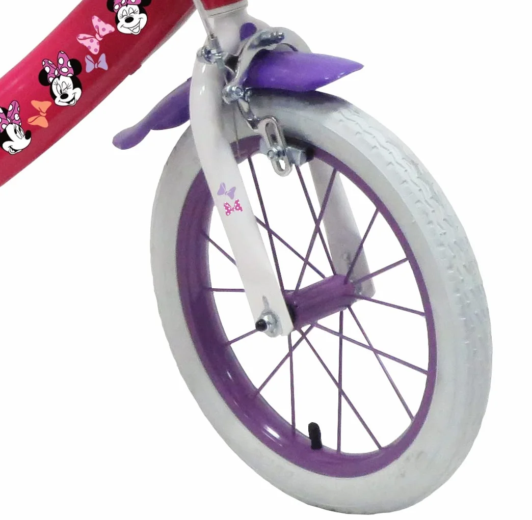 Bicicleta Infantil de 14 Pulgadas, niña Minnie/Disney Equipada con 2 Frenos, Soporte Trasero para muñecas, Cesta Delantera y Casco incluidos