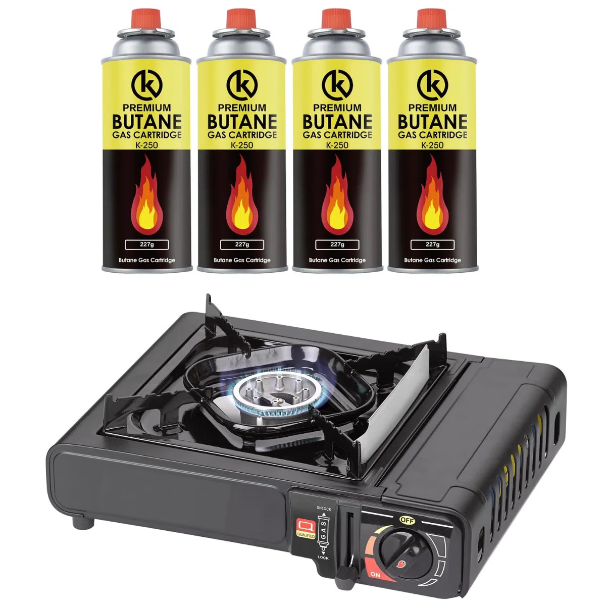 KROWN - Cocina Portatil de Gas Butano 227g, 4 Cartuchos K-250 de Gas Incluidos para Camping, Bombonas K-250