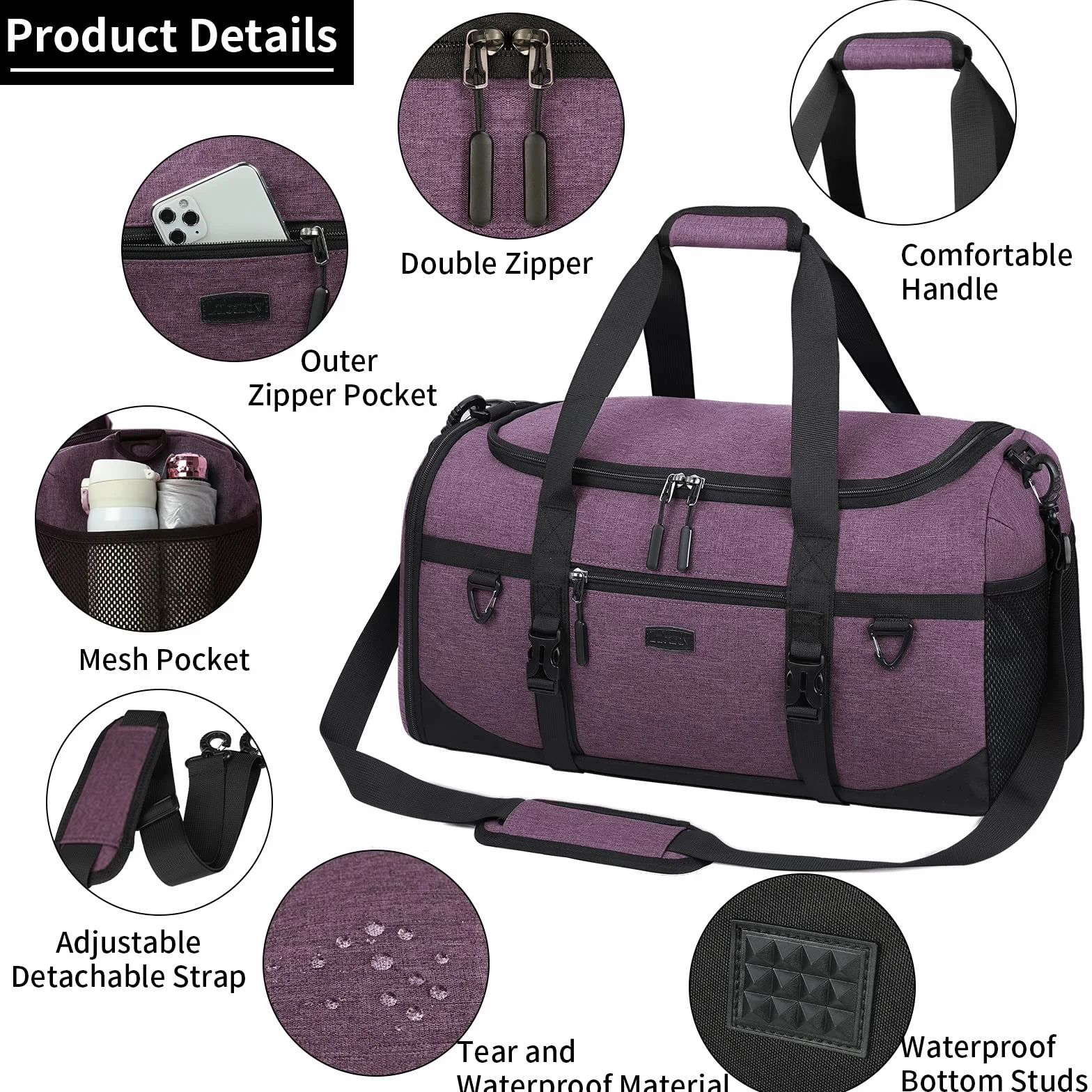 Lubardy Bolsa Deporte 40L Impermeable Viaje con Toalla Microfibra Compartimento Zapatos Violeta