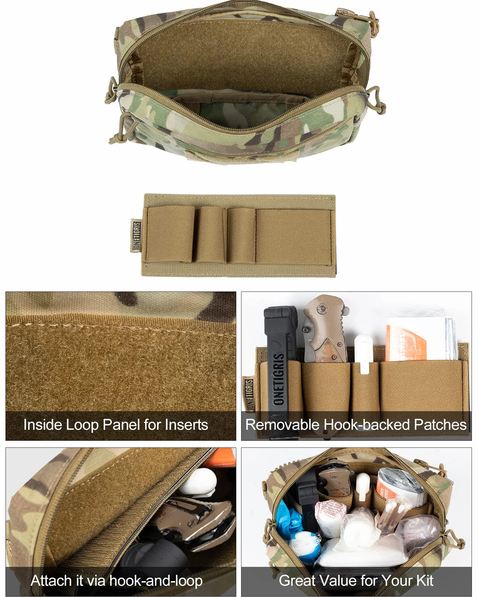 OneTigris Bolsa desplegable IFAK Pouch, Bolsa organizadora Frontal para Chaleco táctico, Bolsa de Primeros Auxilios para Camping