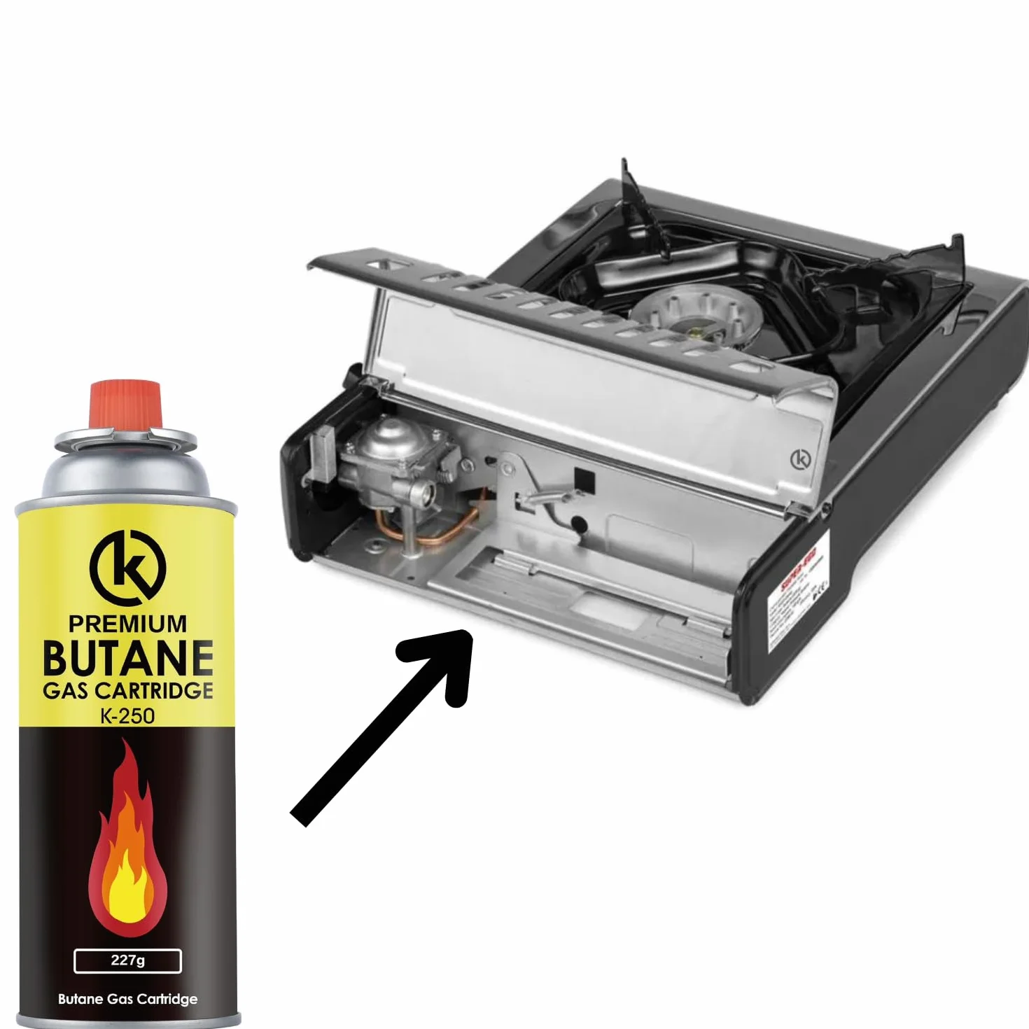 KROWN - Cocina Portatil de Gas Butano 227g, 4 Cartuchos K-250 de Gas Incluidos para Camping, Bombonas K-250