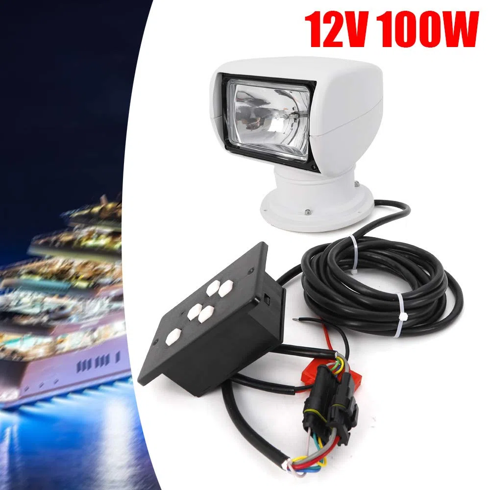 Faro de búsqueda marino para barco 12V 100W bombilla halógena para camiones, automóviles, control remoto - Faro de búsqueda portátil con rotación de 360 grados para yate, guardia costera, etc