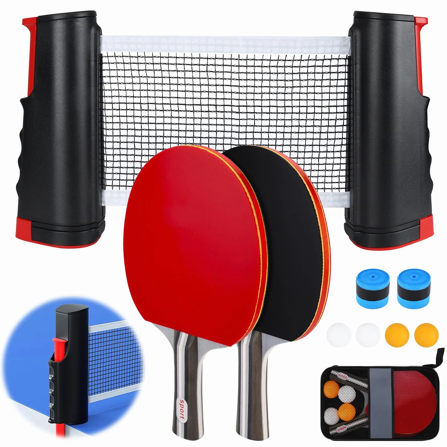 Set de Ping Pong, 2 Raquetas, 4 Pelotas, Red Plegable, Bolsa de Transporte