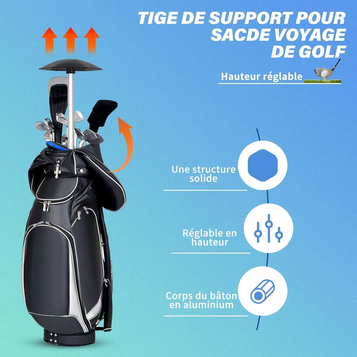 OUUTMEE Barra de apoyo para bolsas de golf, barra de soporte de aluminio para golf, hexagonal, resistente al impacto, cubierta de viaje flexible para golf, club de golf, soporte de viaje, barra de