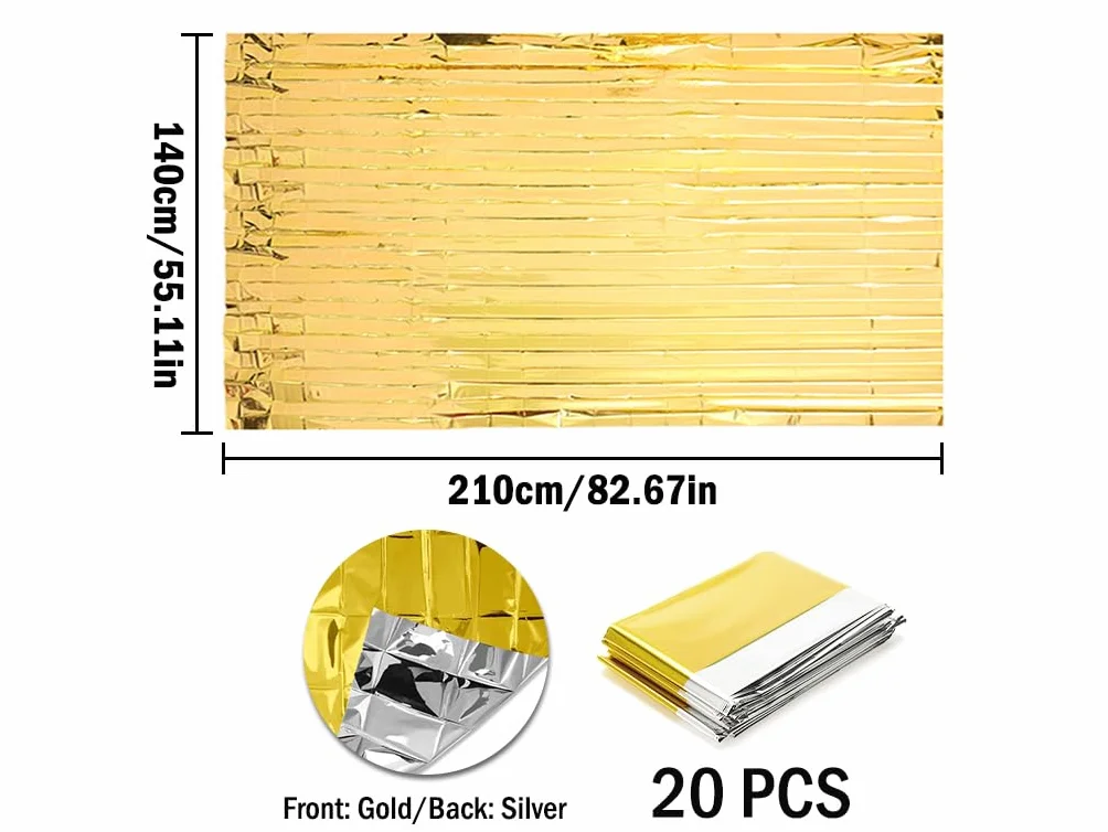 20 pcs Mantas de Supervivencia de Emergencia,140 * 210cm Manta Termica Emergencia Oro Plata,Mantas Térmicas de Emergencia,Mantas de Emergencia,Manta De Rescate para Senderismo,Exteriores
