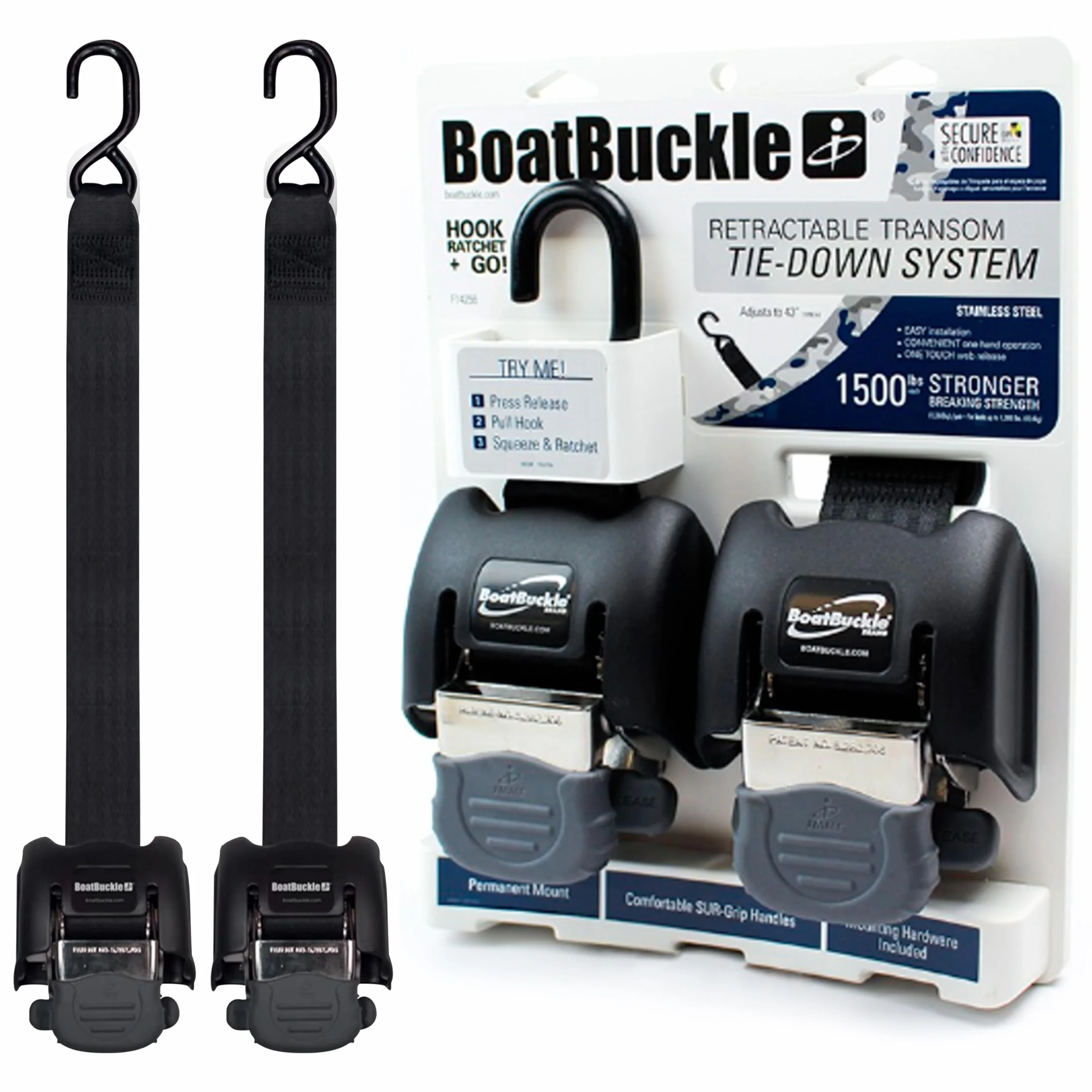 BoatBuckle G2 - Amarre retráctil de Acero Inoxidable para travesaño (Negro), 1 par