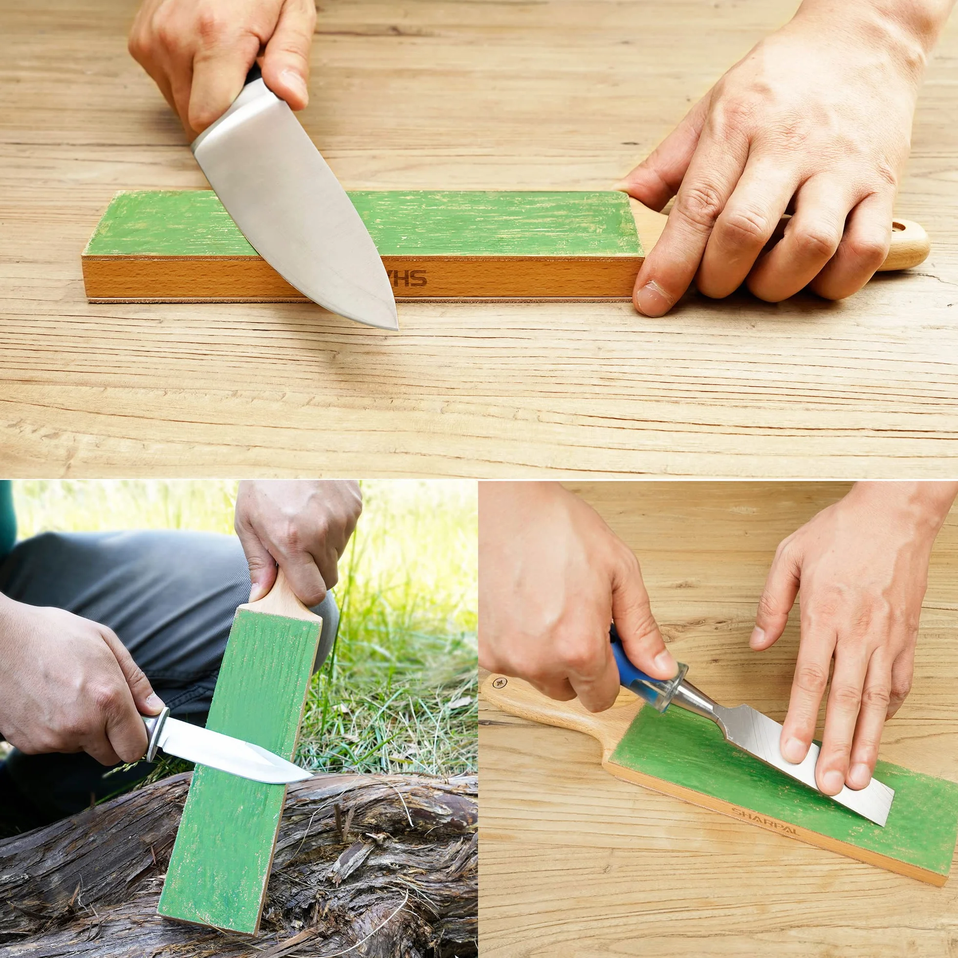 SHARPAL 205H Kit de gamuza de cuero de doble cara (330 x 60 mm) con 53g de pasta de pulir y guía de ángulos, bloque de gamuza para afilar y pulir cuchillos, Afilador de cuchillos profesional