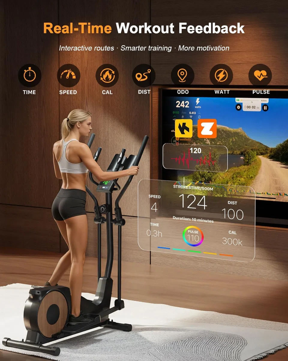 Bicicleta Elíptica para Casa, Elíptica Silenciosa Aeriflo M100 con Zancada de 42 cm,Bajo Impacto para Rodillas,16 Niveles de Resistencia, Volante 8 kg, hasta 150 kg, Bluetooth con App, Fitness en Casa
