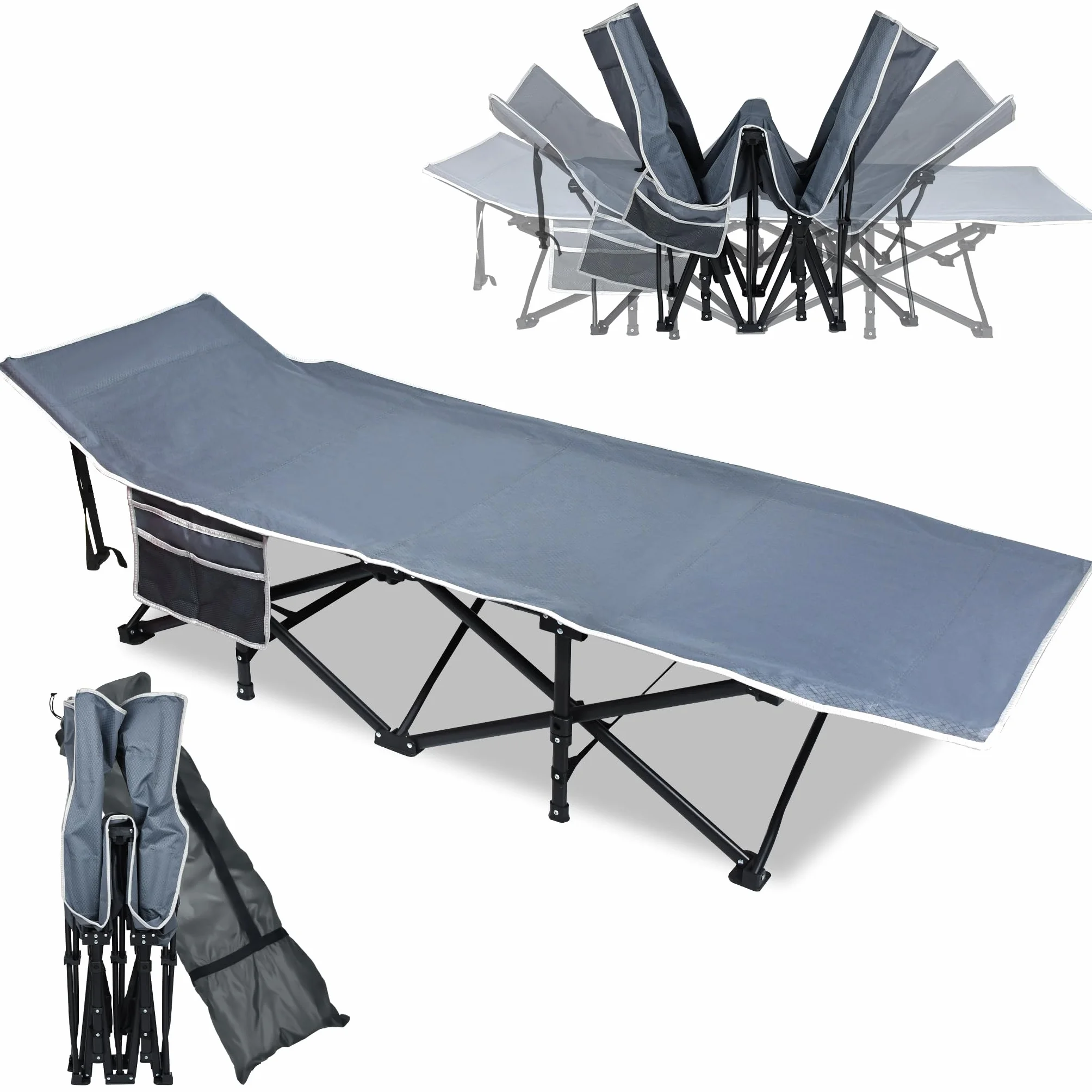 UISEBRT Cama de camping plegable portátil con bolsa de transporte y bolsillo lateral, estable de tejido Oxford, soporta hasta 250 kg, ideal para interiores y exteriores